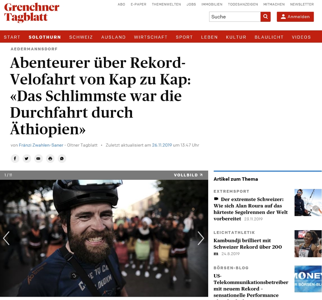 GrenchnerTagblatt 27.11.19 Jonas Deichmann Adventures