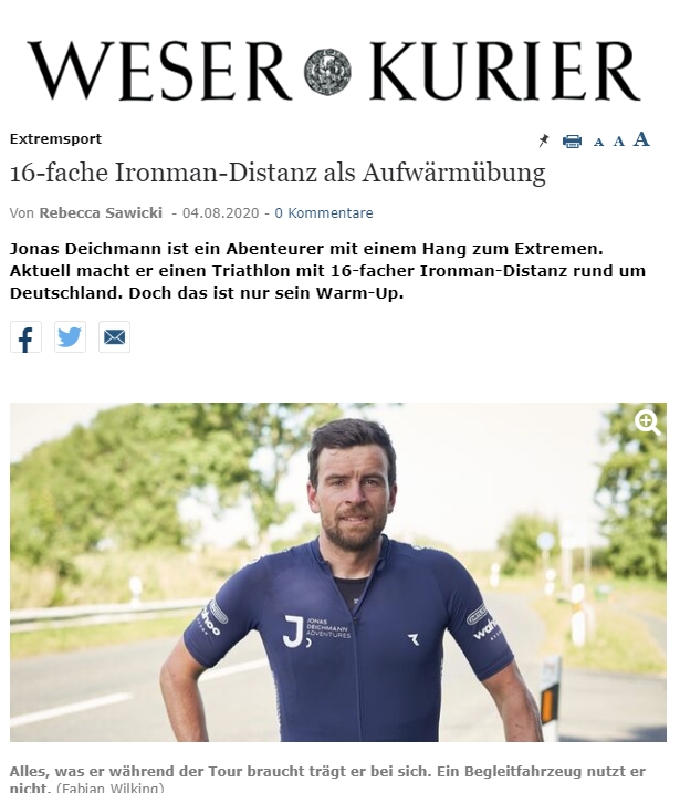 Weser Kurier Aug20 Jonas Deichmann Adventures